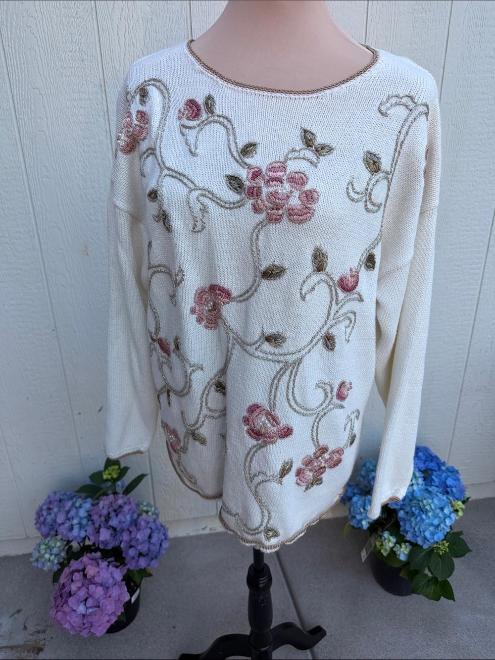 Tiara Cream Sweater with Pink Floral Embroidery